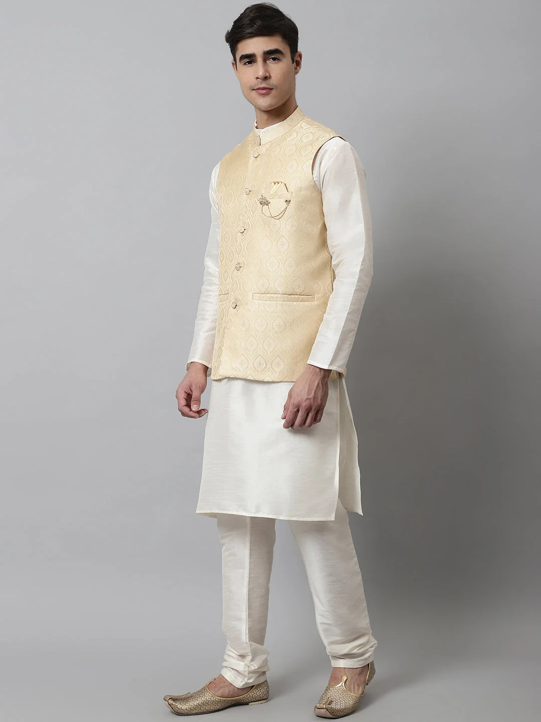 Off White Kurta Pajama with Golden Nehru Jacket - Mens Set