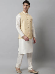 Men Off White Solid Kurta Pyjama with Golden Woven Design Nehru Jacket ( JOKPWC W-D 4069Golden )-JOKPWC-W-D-4069