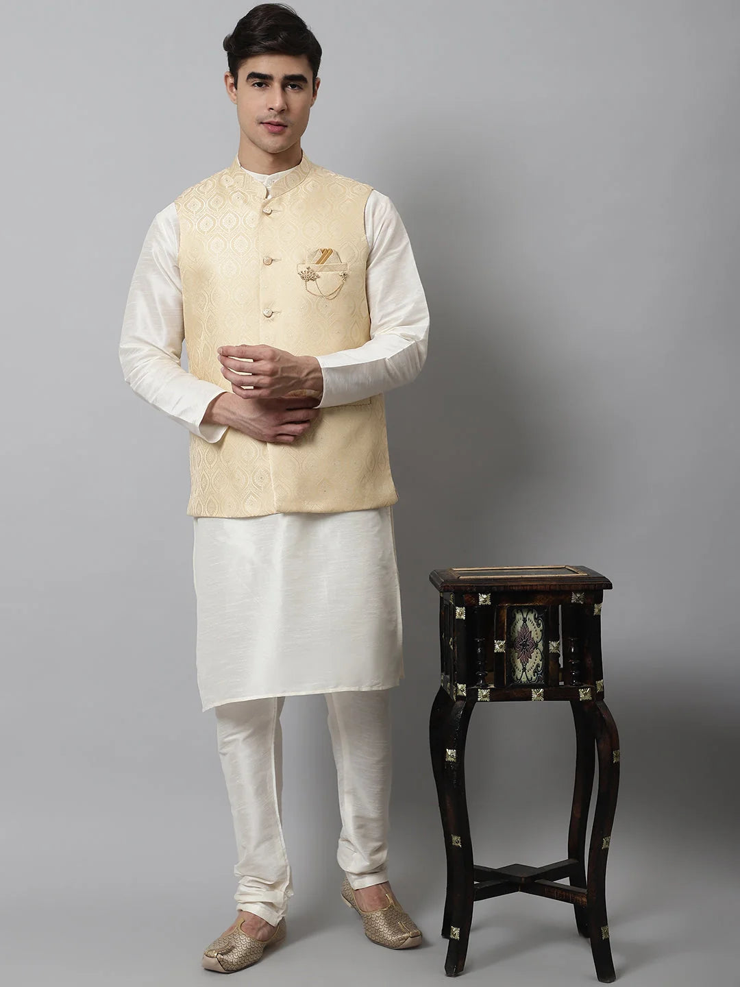 Off White Kurta Pajama with Golden Nehru Jacket - Mens Set