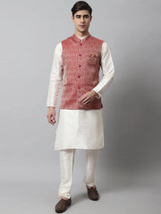 Men Off White Solid Kurta Pyjama with Maroon Woven Design Nehru Jacket ( JOKPWC W-D 4069Maroon )-JOKPWC-W-D-4069