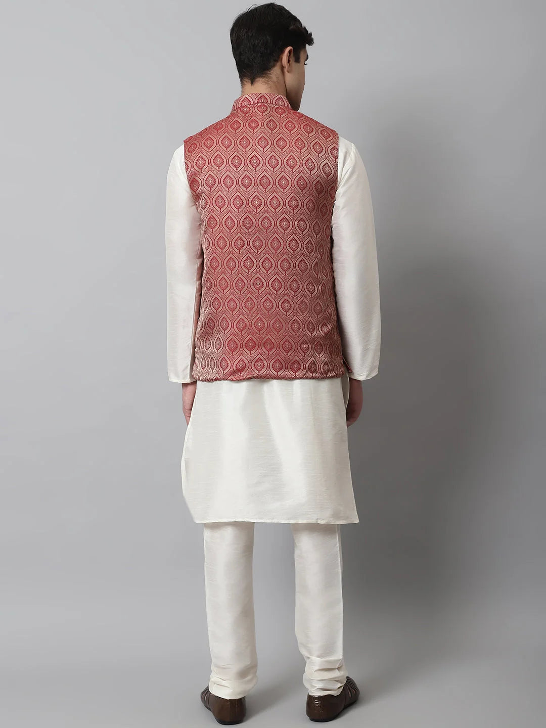 Off White Kurta Pajama with Maroon Nehru Jacket - Mens Set
