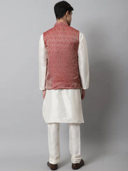 Men Off White Solid Kurta Pyjama with Maroon Woven Design Nehru Jacket ( JOKPWC W-D 4069Maroon )-JOKPWC-W-D-4069