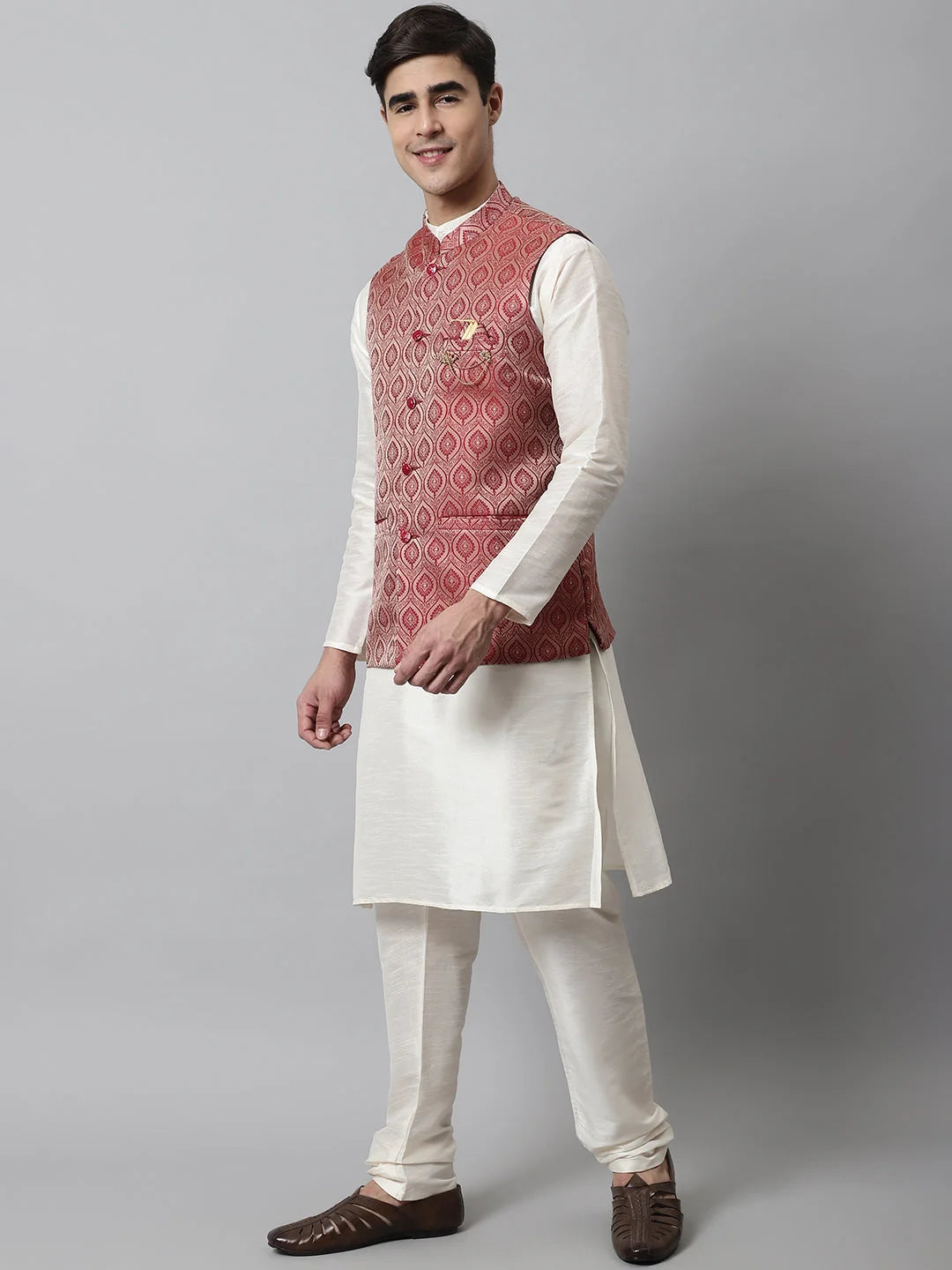 Off White Kurta Pajama with Maroon Nehru Jacket - Mens Set