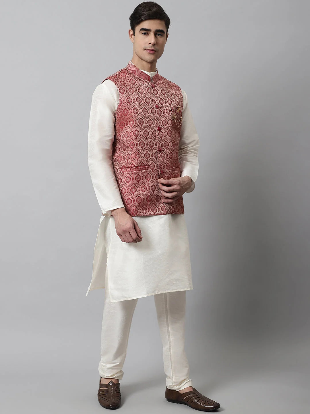 Off White Kurta Pajama with Maroon Nehru Jacket - Mens Set