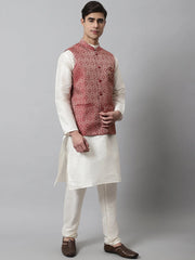 Men Off White Solid Kurta Pyjama with Maroon Woven Design Nehru Jacket ( JOKPWC W-D 4069Maroon )-JOKPWC-W-D-4069