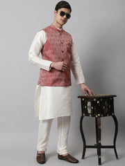 Men Off White Solid Kurta Pyjama with Maroon Woven Design Nehru Jacket ( JOKPWC W-D 4069Maroon )-JOKPWC-W-D-4069