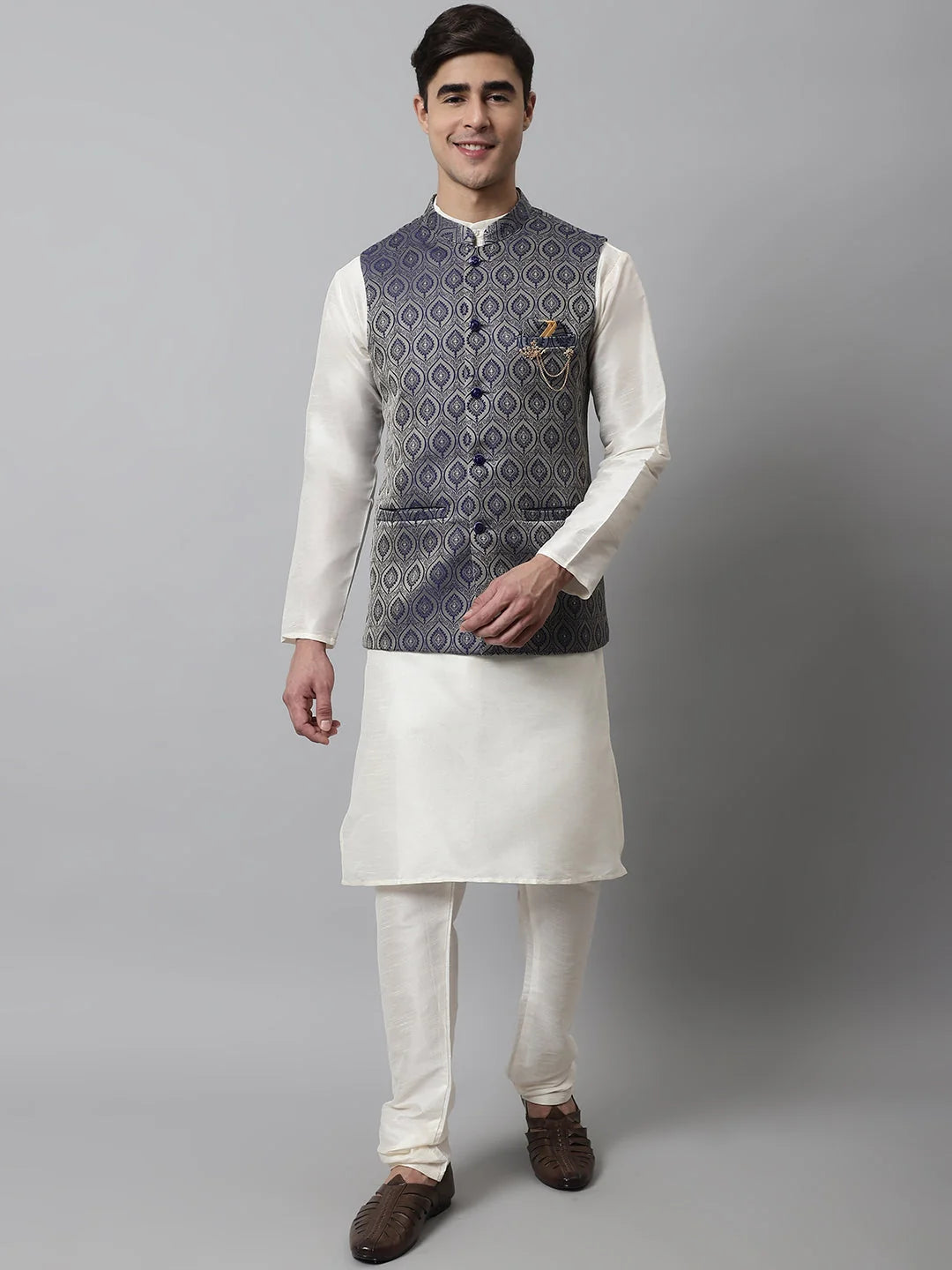 Men Off White Solid Kurta Pyjama with Navy Blue Woven Design Nehru Jacket ( JOKPWC W-D 4069Navy )-JOKPWC-W-D-4069