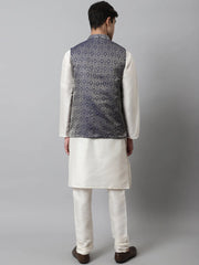 Men Off White Solid Kurta Pyjama with Navy Blue Woven Design Nehru Jacket ( JOKPWC W-D 4069Navy )-JOKPWC-W-D-4069