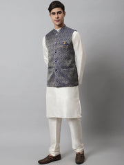 Men Off White Solid Kurta Pyjama with Navy Blue Woven Design Nehru Jacket ( JOKPWC W-D 4069Navy )-JOKPWC-W-D-4069