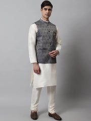 Men Off White Solid Kurta Pyjama with Navy Blue Woven Design Nehru Jacket ( JOKPWC W-D 4069Navy )-JOKPWC-W-D-4069