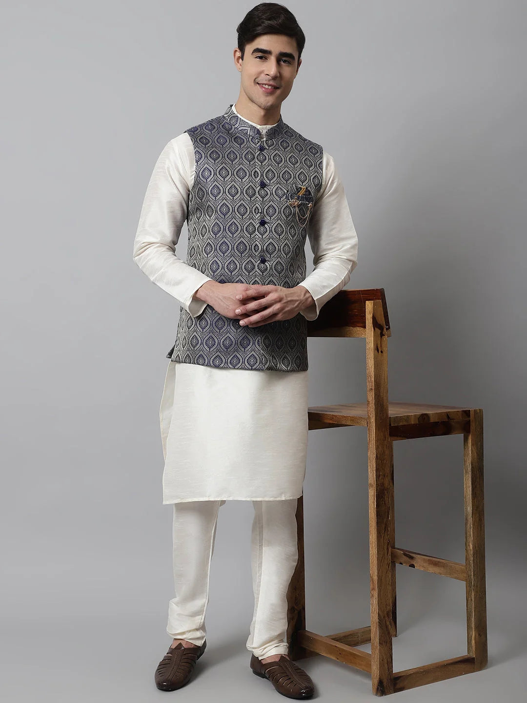 Mens Kurta Pajama Set with Navy Nehru Jacket | Ethnic Wear