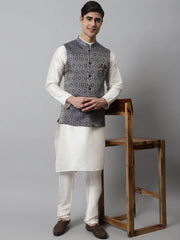 Men Off White Solid Kurta Pyjama with Navy Blue Woven Design Nehru Jacket ( JOKPWC W-D 4069Navy )-JOKPWC-W-D-4069