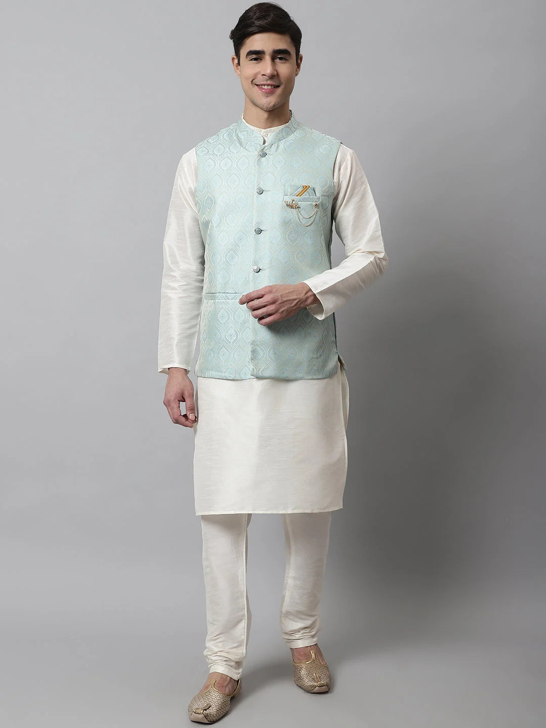 Men Off White Solid Kurta Pyjama with Sky Blue Woven Design Nehru Jacket ( JOKPWC W-D 4069Sky )-JOKPWC-W-D-4069