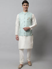 Men Off White Solid Kurta Pyjama with Sky Blue Woven Design Nehru Jacket ( JOKPWC W-D 4069Sky )-JOKPWC-W-D-4069