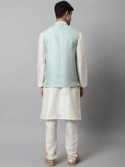 Men Off White Solid Kurta Pyjama with Sky Blue Woven Design Nehru Jacket ( JOKPWC W-D 4069Sky )-JOKPWC-W-D-4069