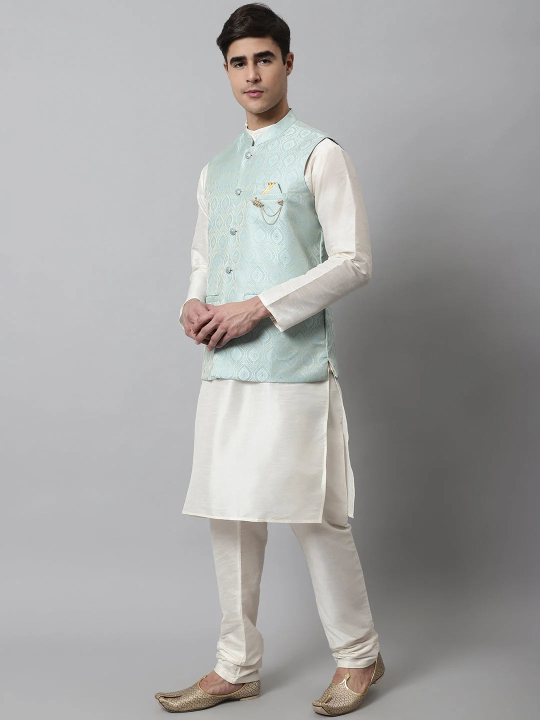 Mens Kurta Pajama with Sky Blue Nehru Jacket | Ethnic Style