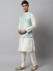 Men Off White Solid Kurta Pyjama with Sky Blue Woven Design Nehru Jacket ( JOKPWC W-D 4069Sky )-JOKPWC-W-D-4069