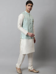 Men Off White Solid Kurta Pyjama with Sky Blue Woven Design Nehru Jacket ( JOKPWC W-D 4069Sky )-JOKPWC-W-D-4069