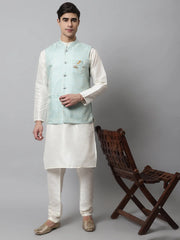 Men Off White Solid Kurta Pyjama with Sky Blue Woven Design Nehru Jacket ( JOKPWC W-D 4069Sky )-JOKPWC-W-D-4069