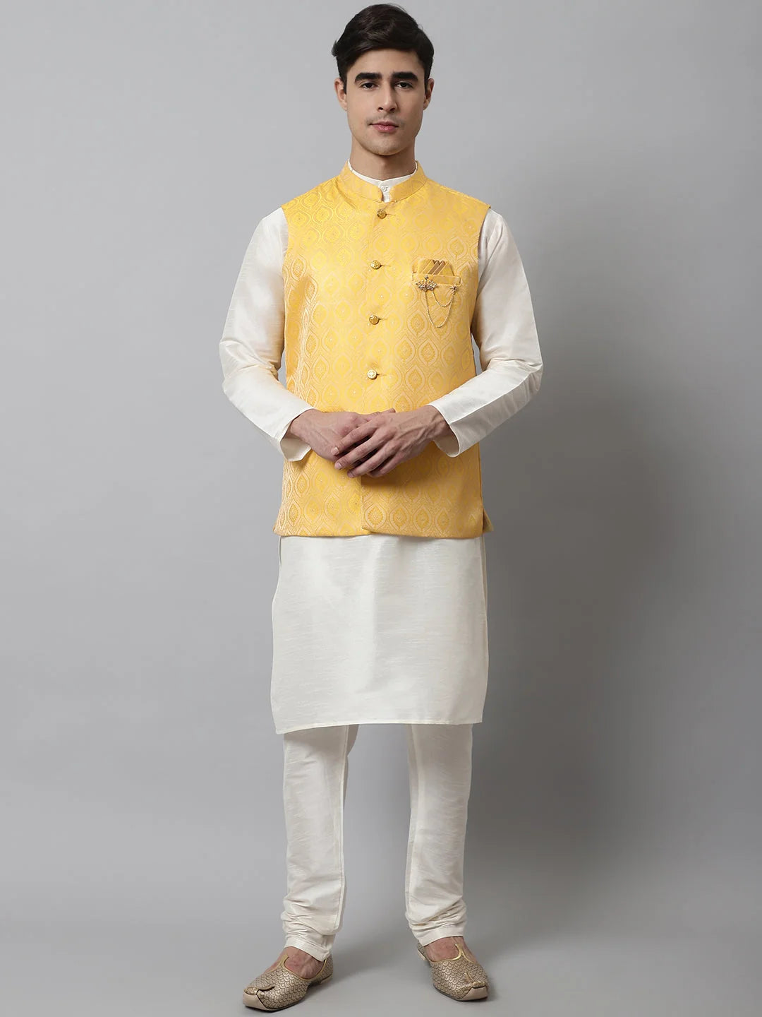 Men Off White Solid Kurta Pyjama with Yellow Woven Design Nehru Jacket ( JOKPWC W-D 4069Yellow )-JOKPWC-W-D-4069