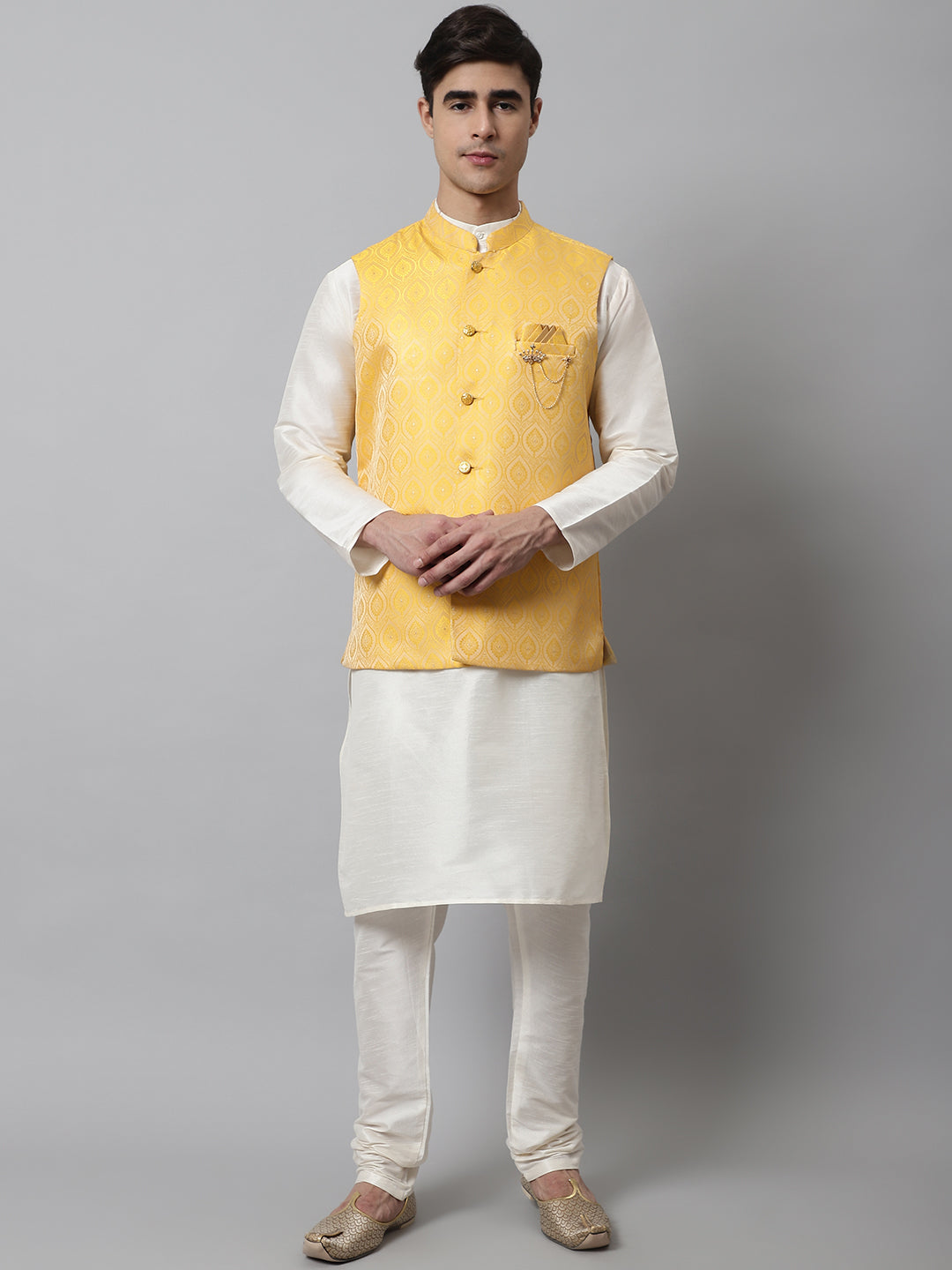 Mens Kurta Pajama Set with Yellow Nehru Jacket | Cotton Blend