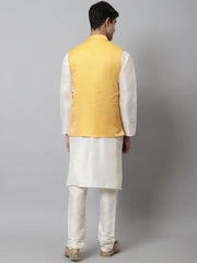 Men Off White Solid Kurta Pyjama with Yellow Woven Design Nehru Jacket ( JOKPWC W-D 4069Yellow )-JOKPWC-W-D-4069
