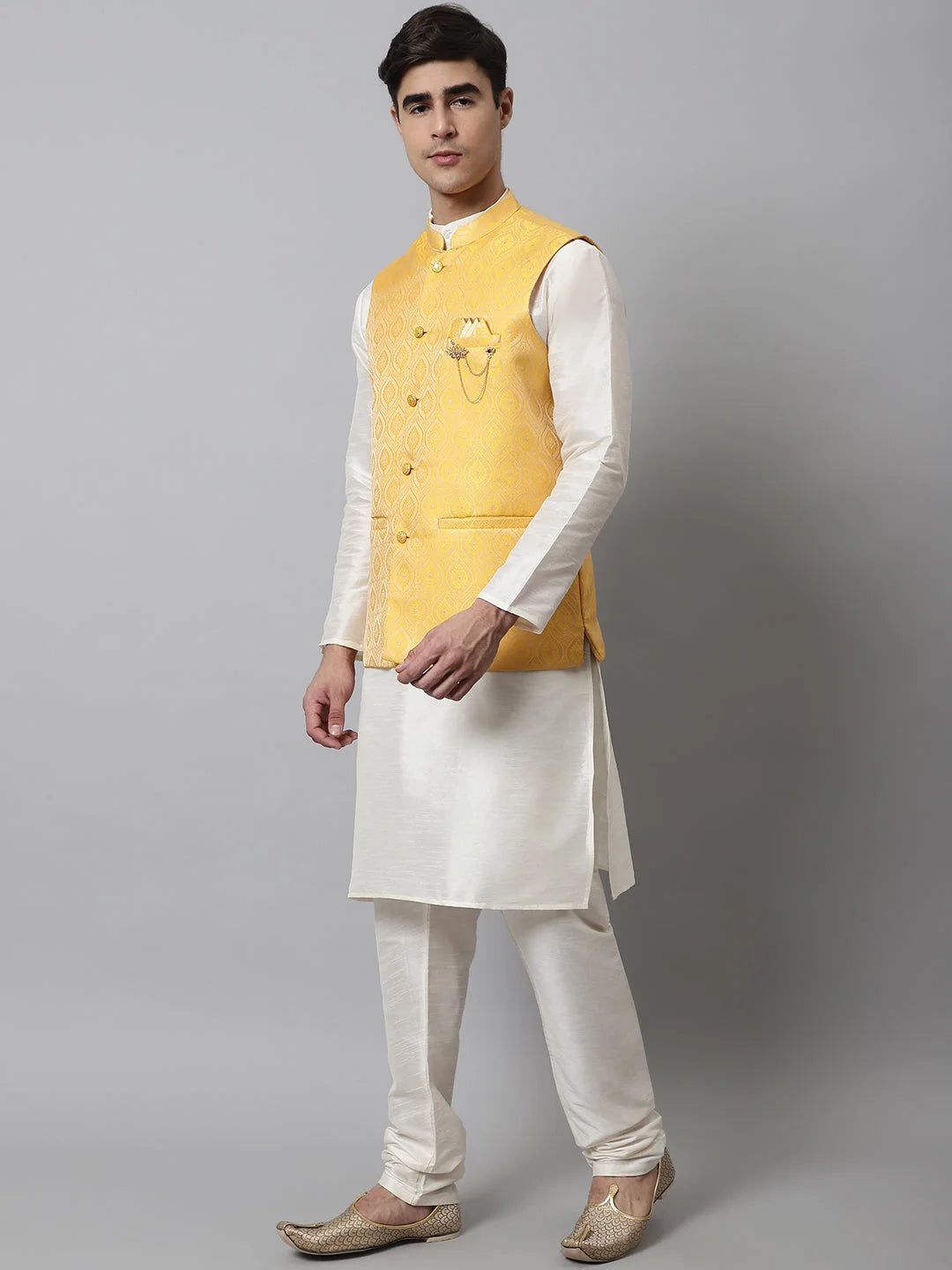 Mens Kurta Pajama Set with Yellow Nehru Jacket | Cotton Blend