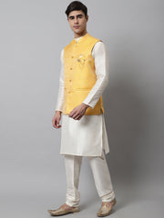 Men Off White Solid Kurta Pyjama with Yellow Woven Design Nehru Jacket ( JOKPWC W-D 4069Yellow )-JOKPWC-W-D-4069