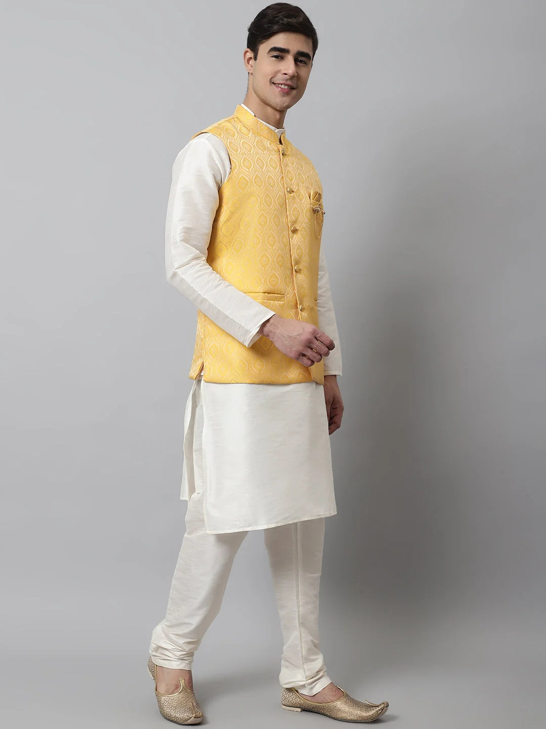 Mens Kurta Pajama Set with Yellow Nehru Jacket | Cotton Blend
