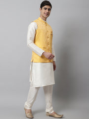 Men Off White Solid Kurta Pyjama with Yellow Woven Design Nehru Jacket ( JOKPWC W-D 4069Yellow )-JOKPWC-W-D-4069