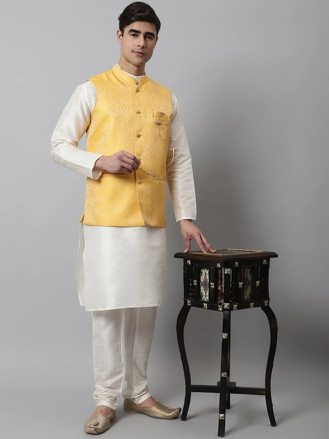 Mens Kurta Pajama Set with Yellow Nehru Jacket | Cotton Blend