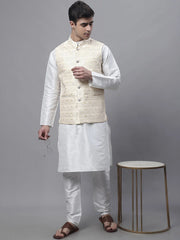 Men off-White Solid Kurta Pyjama with Golden Woven Design Nehru Jacket