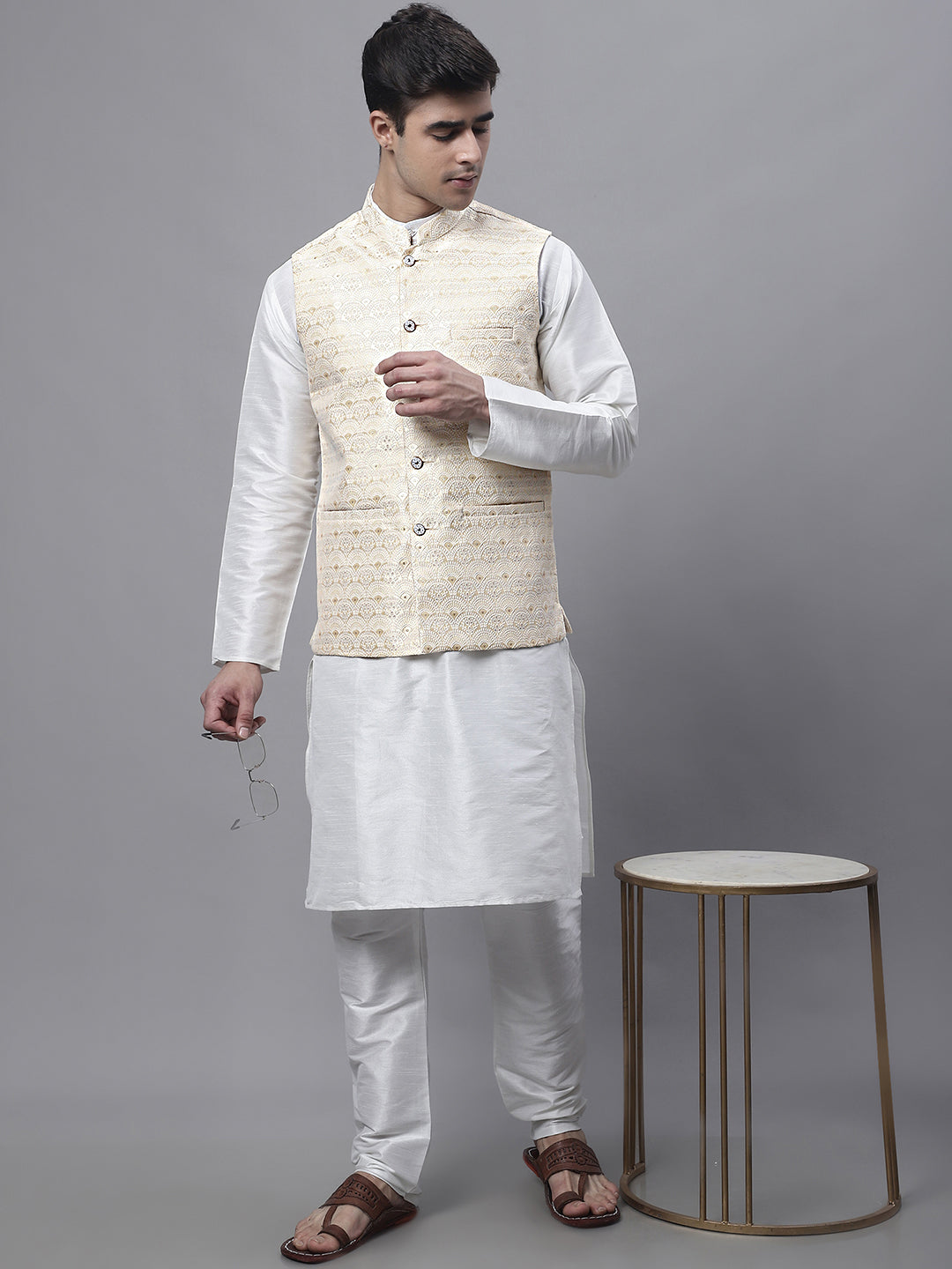 Off-White Mens Kurta Pajama Set with Golden Woven Nehru Jacket