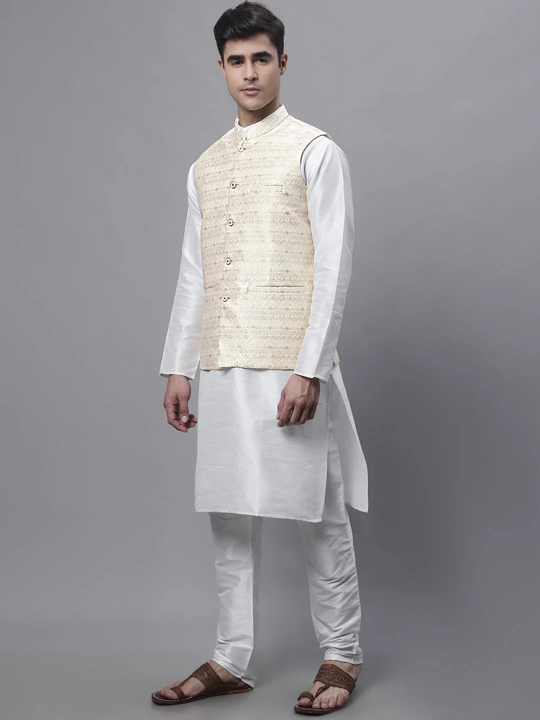 Off-White Mens Kurta Pajama Set with Golden Woven Nehru Jacket