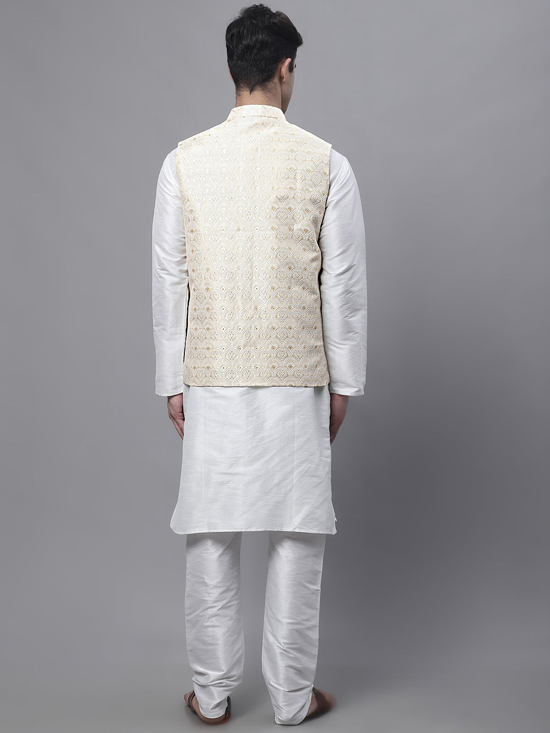 Off-White Mens Kurta Pajama Set with Golden Woven Nehru Jacket