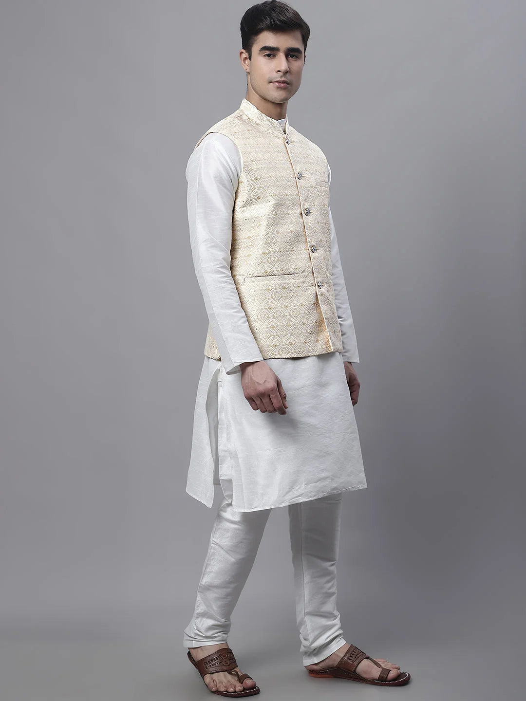 Off-White Mens Kurta Pajama Set with Golden Woven Nehru Jacket