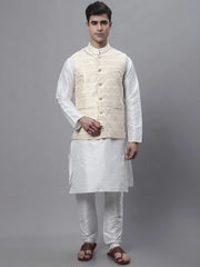 Men off-White Solid Kurta Pyjama with Golden Woven Design Nehru Jacket