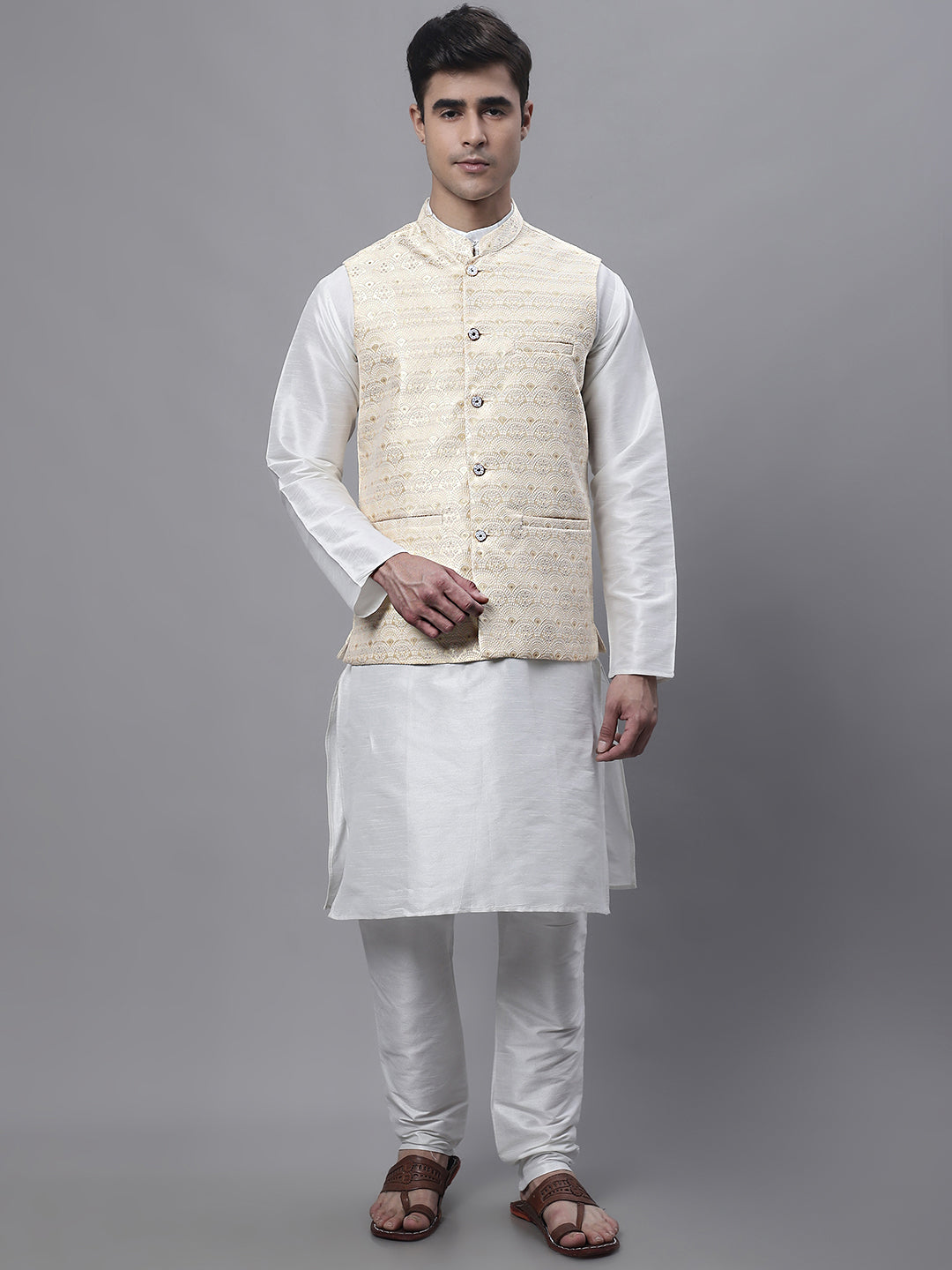 Off-White Mens Kurta Pajama Set with Golden Woven Nehru Jacket