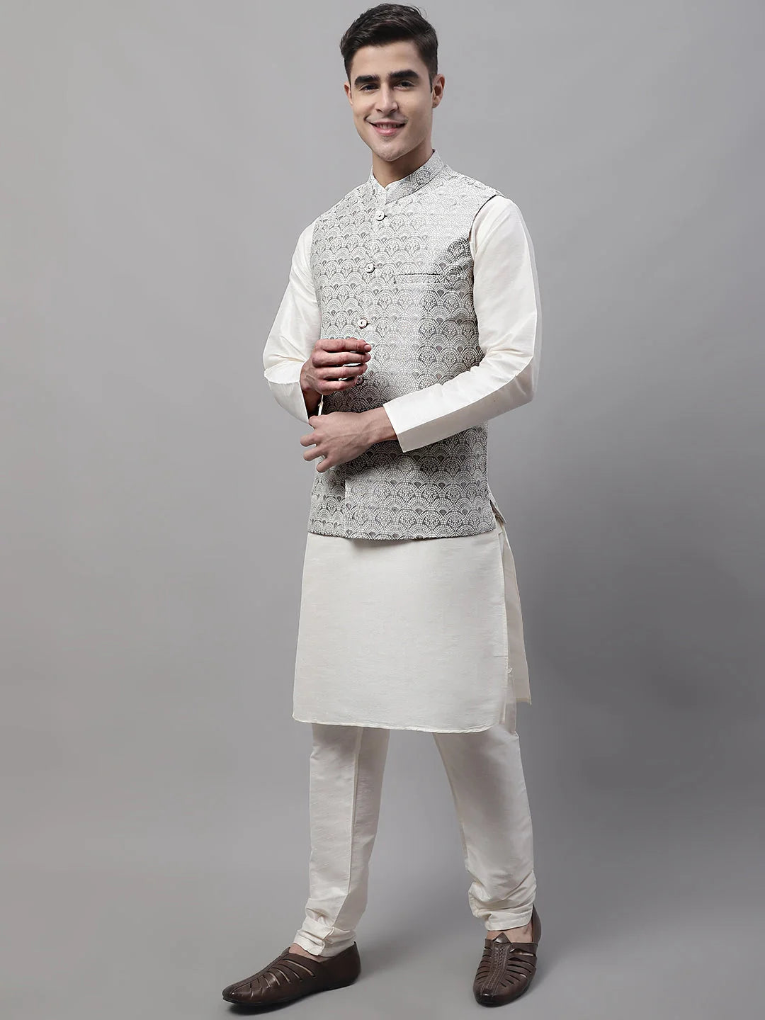 Off-White Kurta Pajama Set with Grey Nehru Jacket | Mens