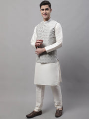 Men off-White Solid Kurta Pyjama with Grey Woven Design Nehru Jacket