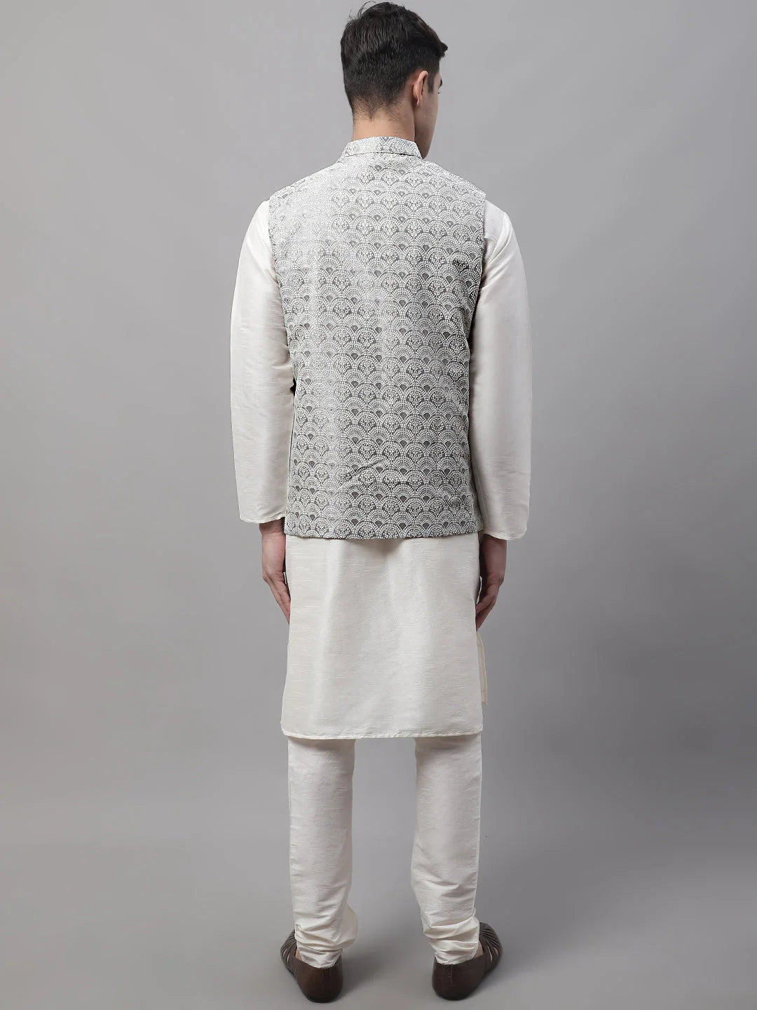 Off-White Kurta Pajama Set with Grey Nehru Jacket | Mens