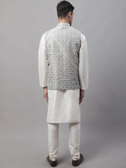 Men off-White Solid Kurta Pyjama with Grey Woven Design Nehru Jacket