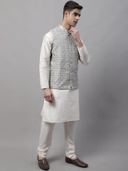 Men off-White Solid Kurta Pyjama with Grey Woven Design Nehru Jacket