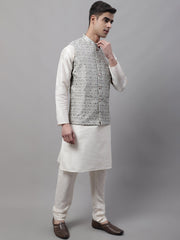 Men off-White Solid Kurta Pyjama with Grey Woven Design Nehru Jacket