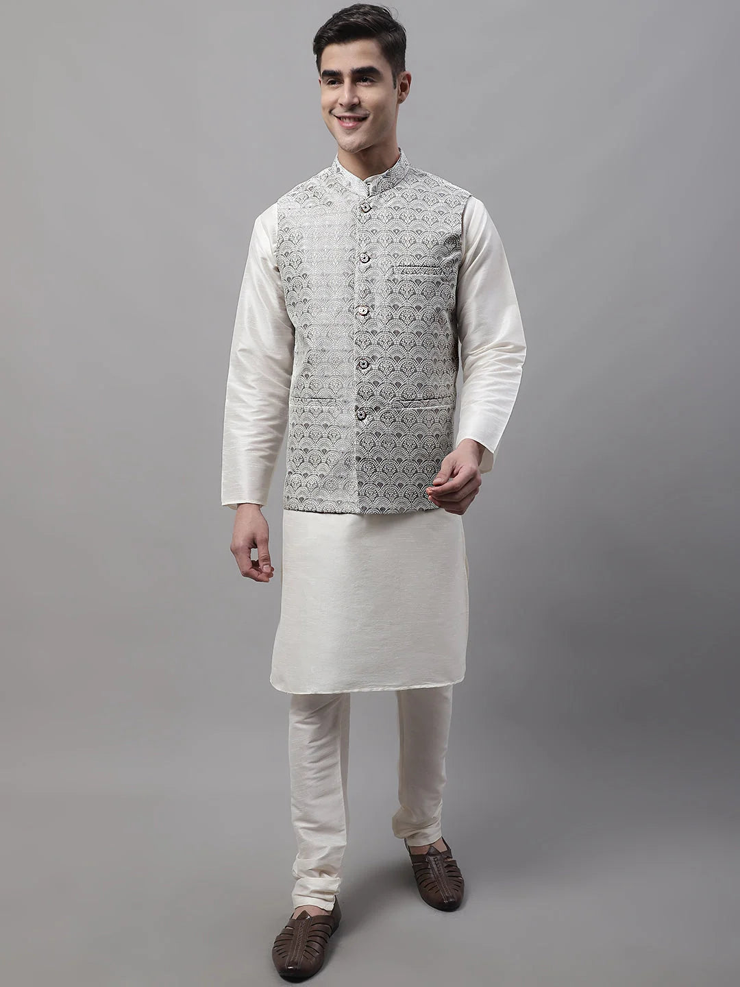 Off-White Kurta Pajama Set with Grey Nehru Jacket | Mens