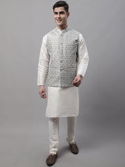 Men off-White Solid Kurta Pyjama with Grey Woven Design Nehru Jacket