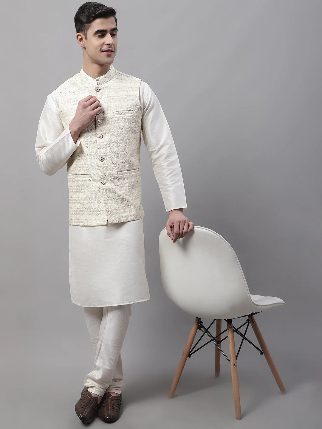 Off-White Kurta Pajama Set with Cream Nehru Jacket | Mens