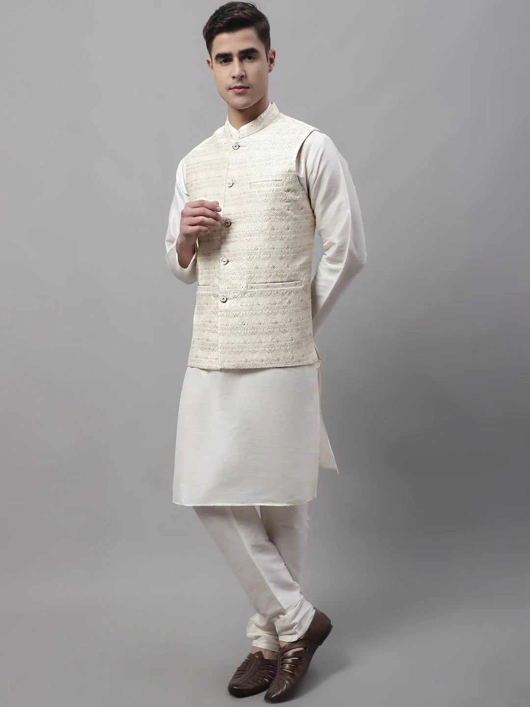 Off-White Kurta Pajama Set with Cream Nehru Jacket | Mens