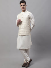 Men off-White Solid Kurta Pyjama with Cream Woven Design Nehru Jacket
