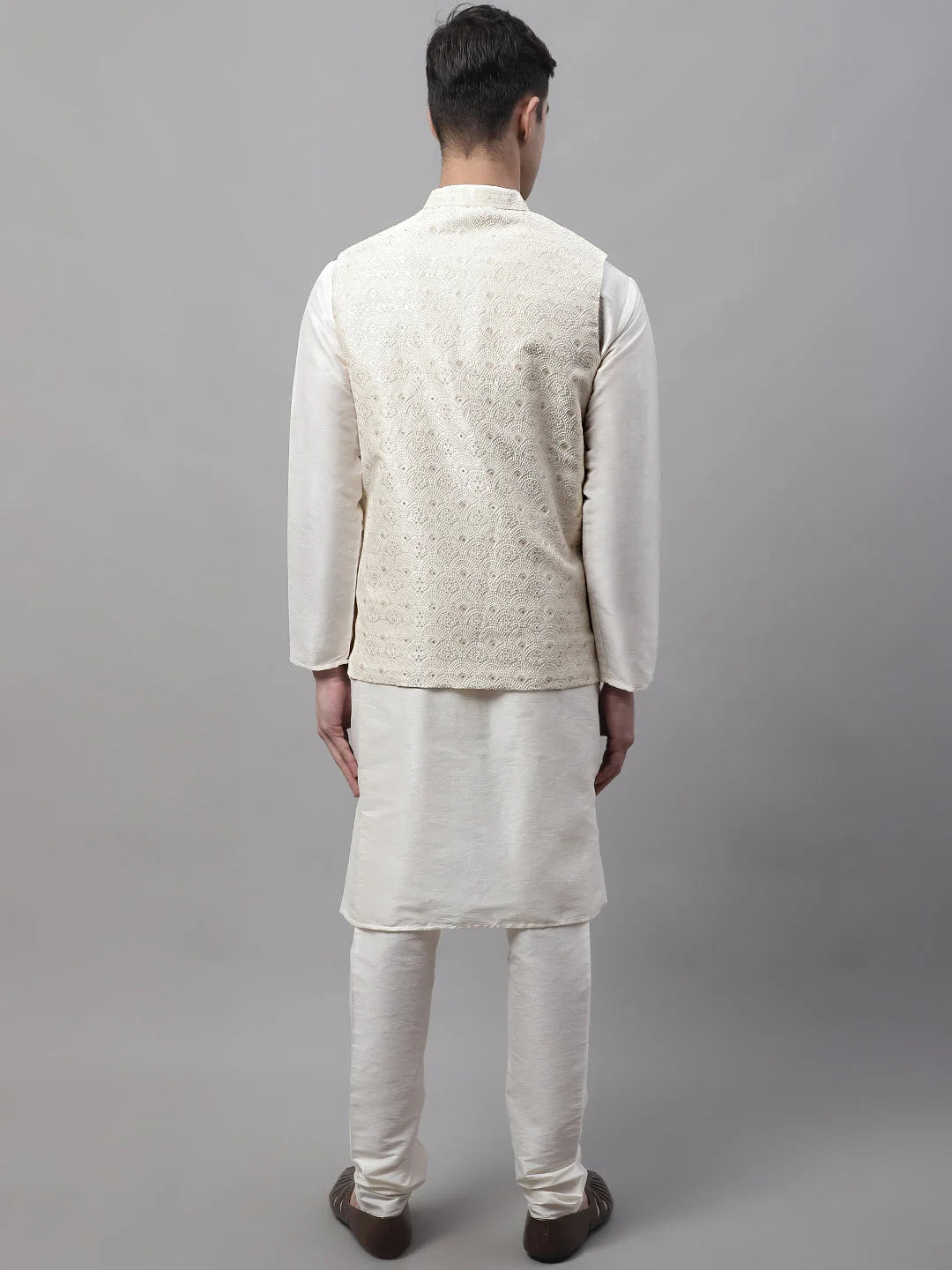 Off-White Kurta Pajama Set with Cream Nehru Jacket | Mens
